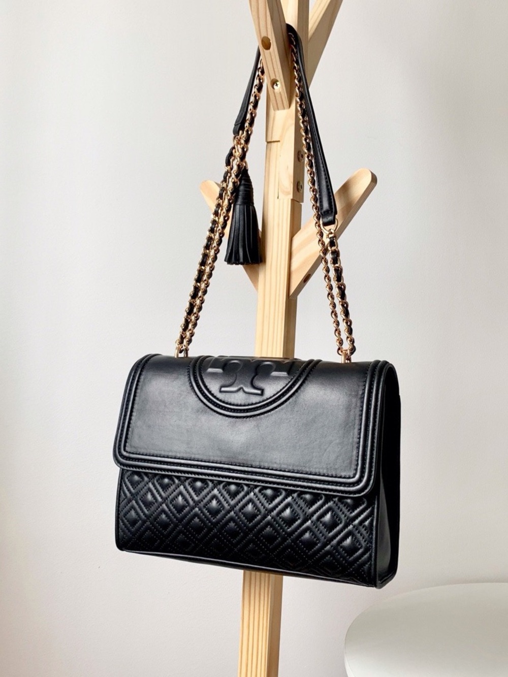 Tory Burch Black Quilted Leather Shoulder Bag with Chain Strap